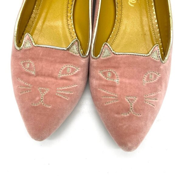 Charlotte Olympia Mid Century Kitty Cat Pink Velvet Pointed Flat EU 36 US 5.5-6 - Picture 6 of 12